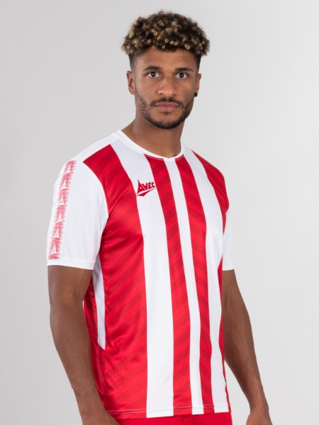 A classic red and white stripe design football shirt is worn by this adult