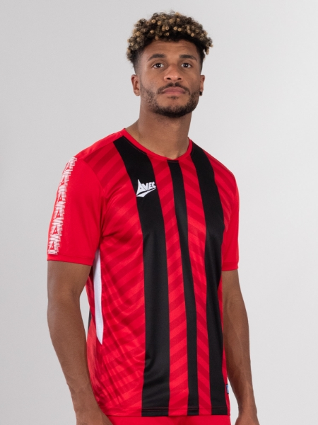 A red and black stripe football shirt akin to AC Milan or Bournemouth FC is worn