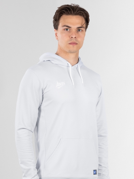 A man is wearing a light grey hoody that is made of lightweight materials