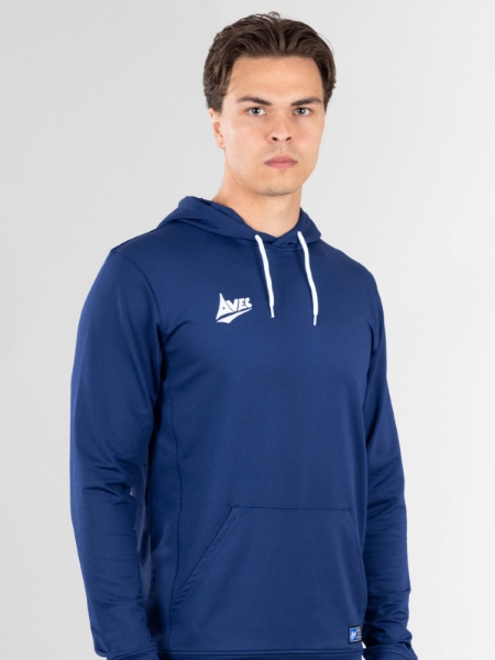 A man is wearing a navy blue hoody with white drawstrings
