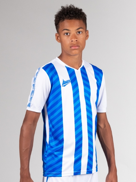 This child is wearing a blue and white stripe football shirt