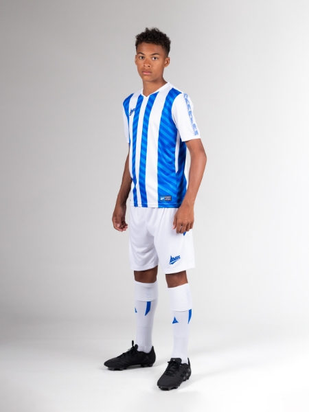 A juniors blue and white stripe football shirt is worn with childrens white shorts and socks which have a royal blue trim