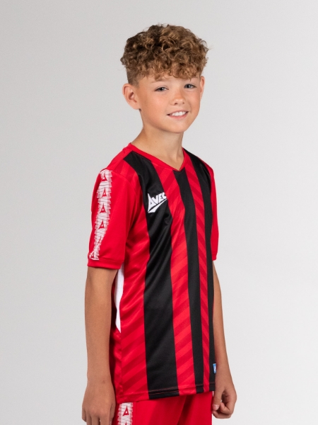 A childrens red and black team football shirt