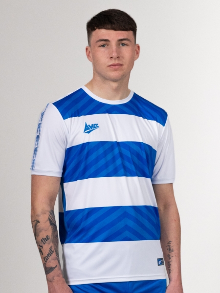A man is wearing a blue and white hoop football shirt
