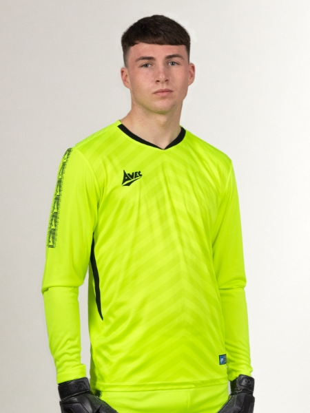 A goalkeeper is stood wearing a bright yellow goalkeeper shirt with black detail.