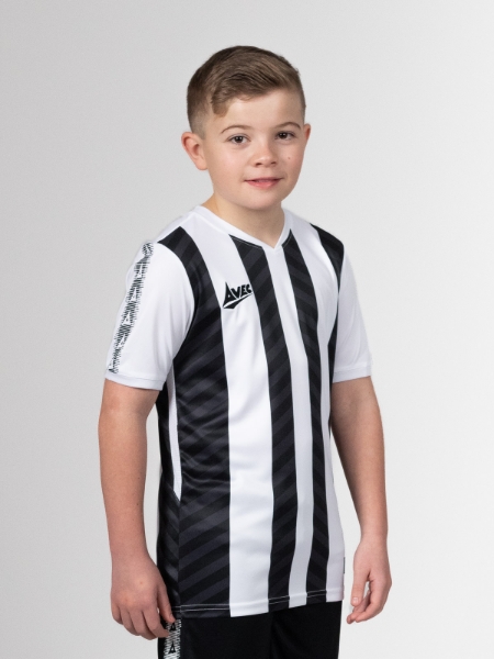 This junior football kit is a black and white stripe design with a modern twist.