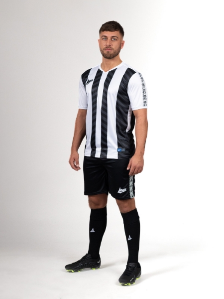 The black and white stripe shirt is worn with black shorts and socks.