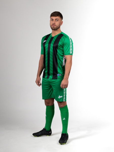 An adult green and black stripe football shirt