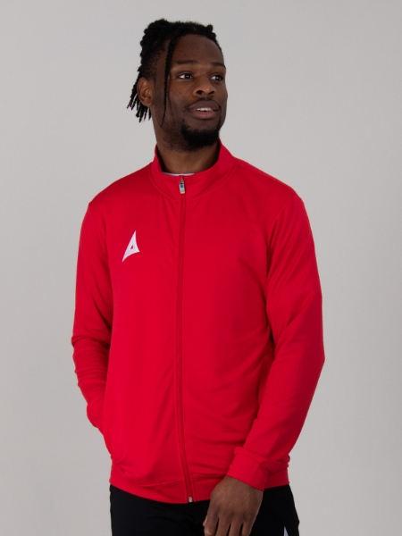 A model wearing an Avec Red Full Zip Tracksuit Jacket made of Polyester