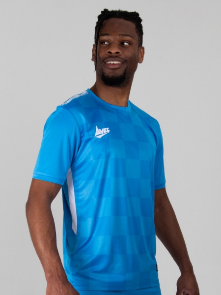Model wearing a two-tone sky blue chequered football shirt