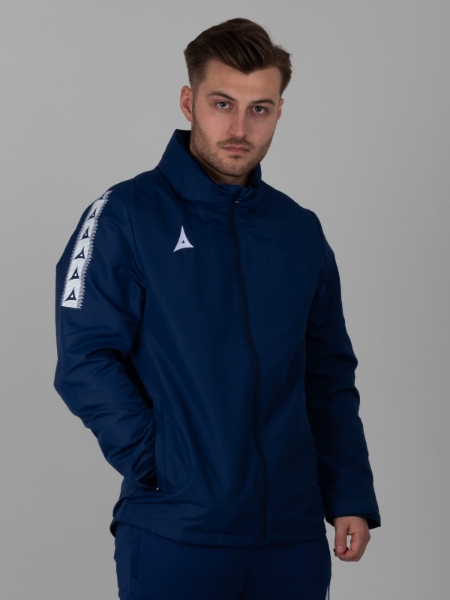 A man is wearing a water repellent Navy Rain Jacket which is made with premium materials to keep you dry.