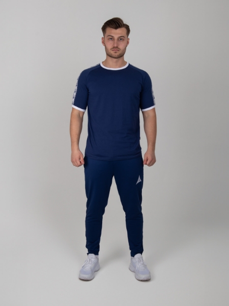 A Navy Cotton t-shirt with white trim is matched with navy jogging bottoms