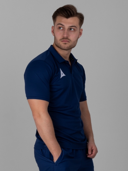 A man is wearing a smart navy polo shirt
