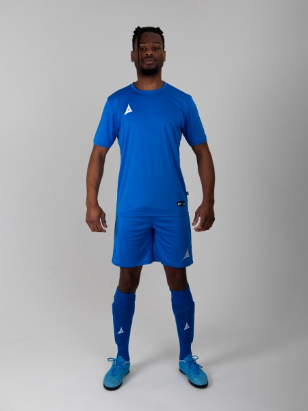 A person is wearing a royal football kit which consists of blue football shirts and shirt.