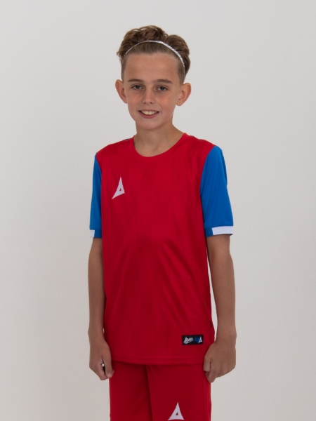 A childrens football shirt in red and royal blue