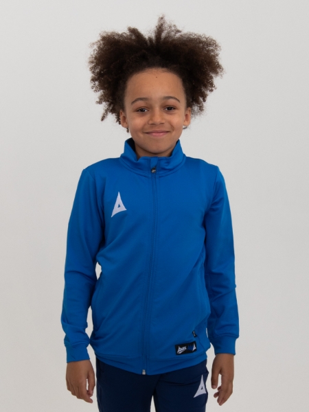 A child is wearing a junior royal blue tracksuit jacket