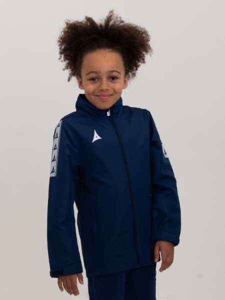 A childs Navy Rain Jacket is being worn