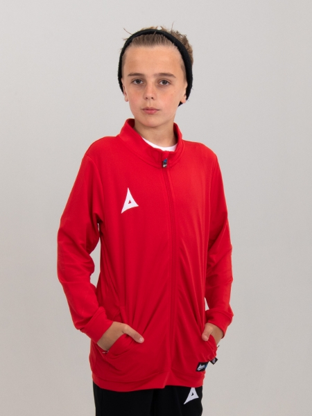 A plain red kids tracksuit jacket is being worn by a young child.
