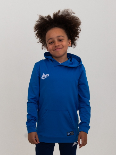 A cool blue kids hoody is worn by a young child