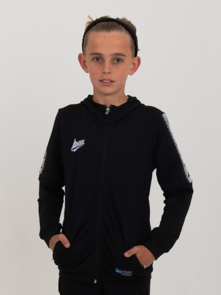 A boy is wearing a black full zip hoody which has pockets