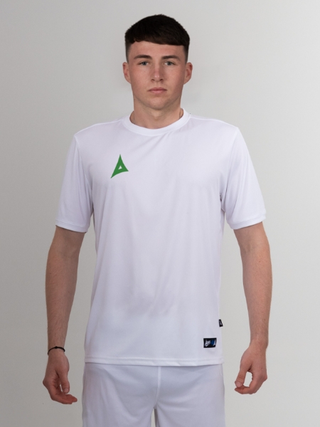 A white shirt with a green logo can be worn with white or green shorts