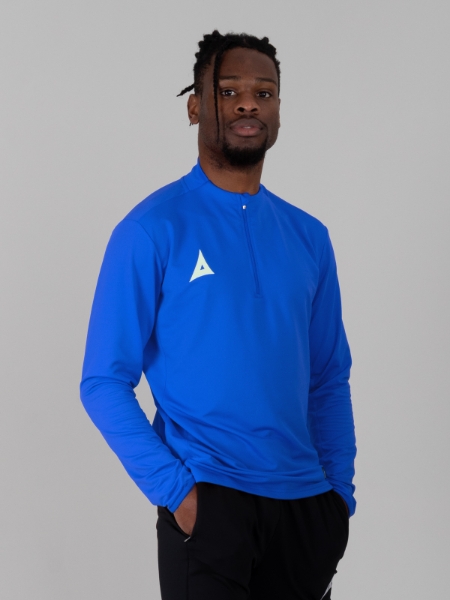 This man is wearing a plain royal blue jumper with zip