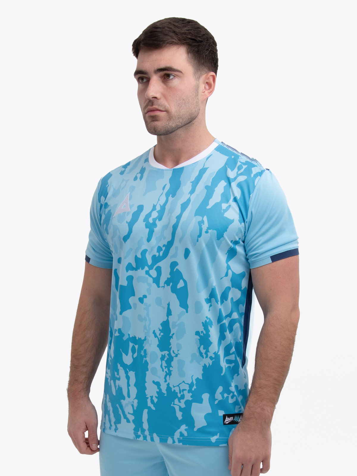 model wearing a sky and navy sports football training t-shirt.