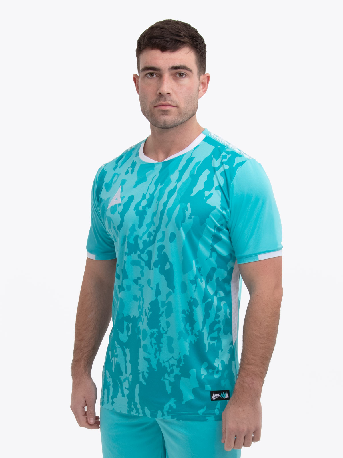 model wearing a hyper blue sports football training t-shirt.