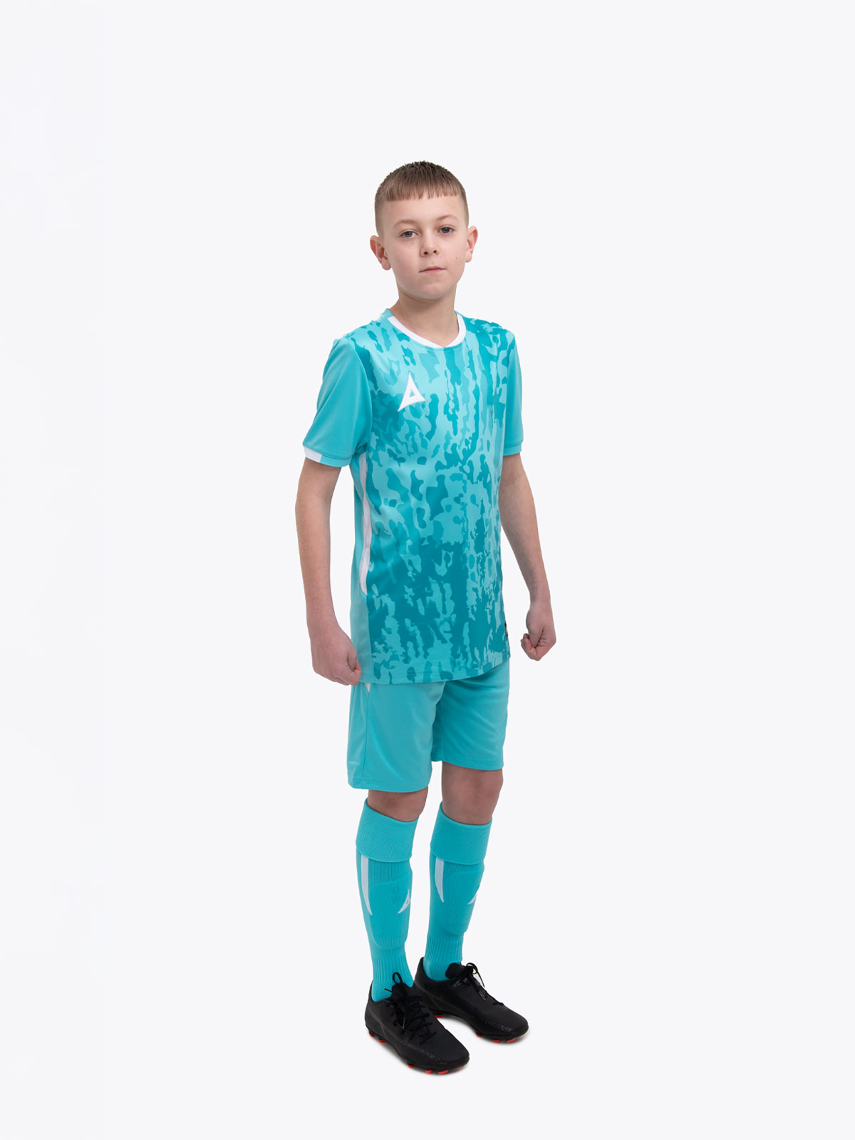 a kids football kit in hyper blue and white and matching hyper blue shorts and socks