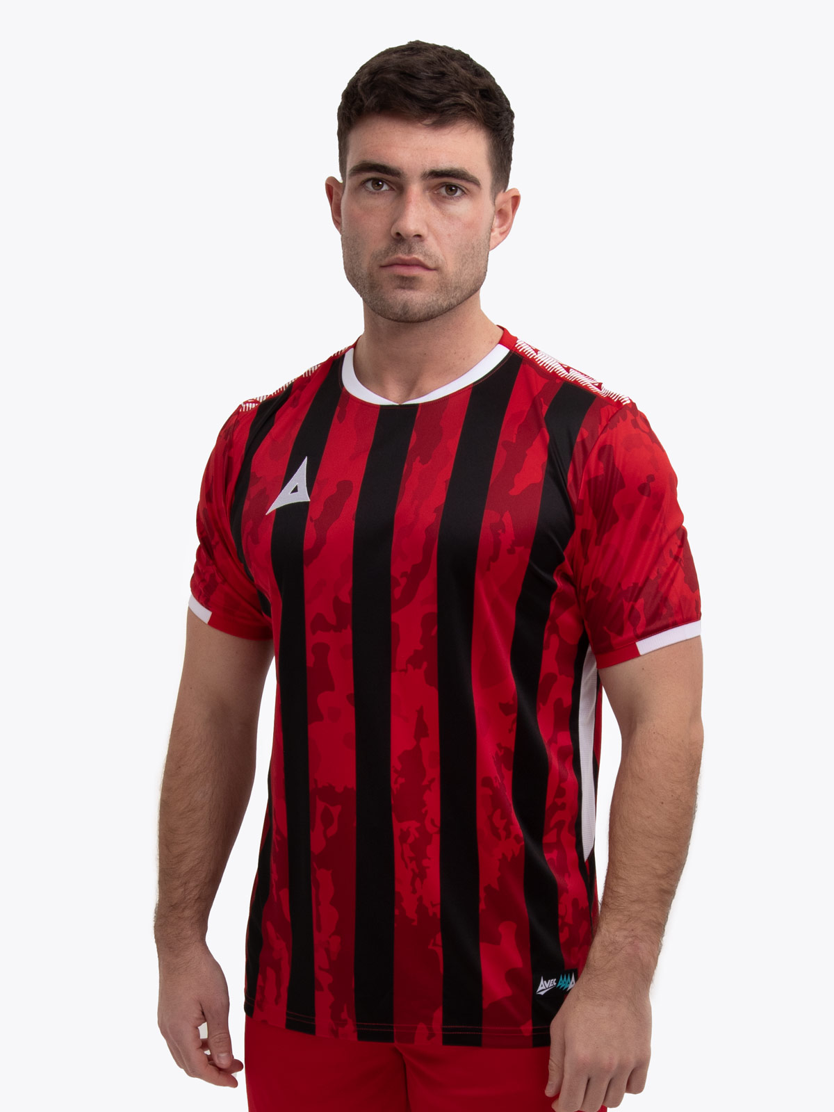 model wearing a red and black stripe sports football training t-shirt.