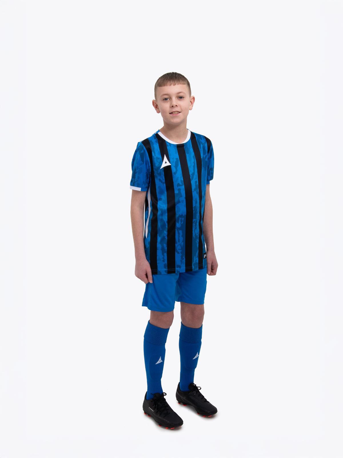 a kids football kit in royal blue and black with stripes and matching royal blue shorts and socks