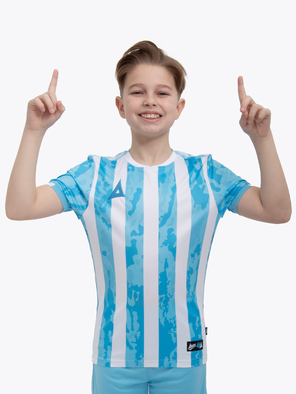 a kid is wearing a sky blue and white stripe shirt, which resembles the likes of the argentina national team. there is a camo pattern within the sky blue elements
