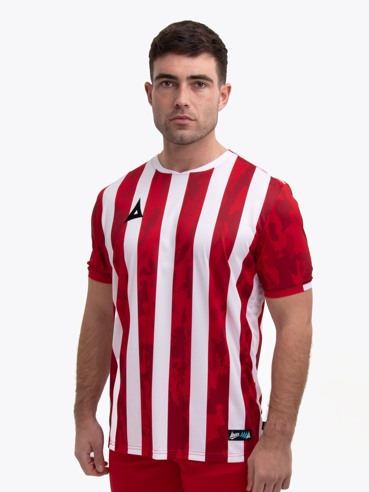 model wearing a red and white stripe sports football training t-shirt.