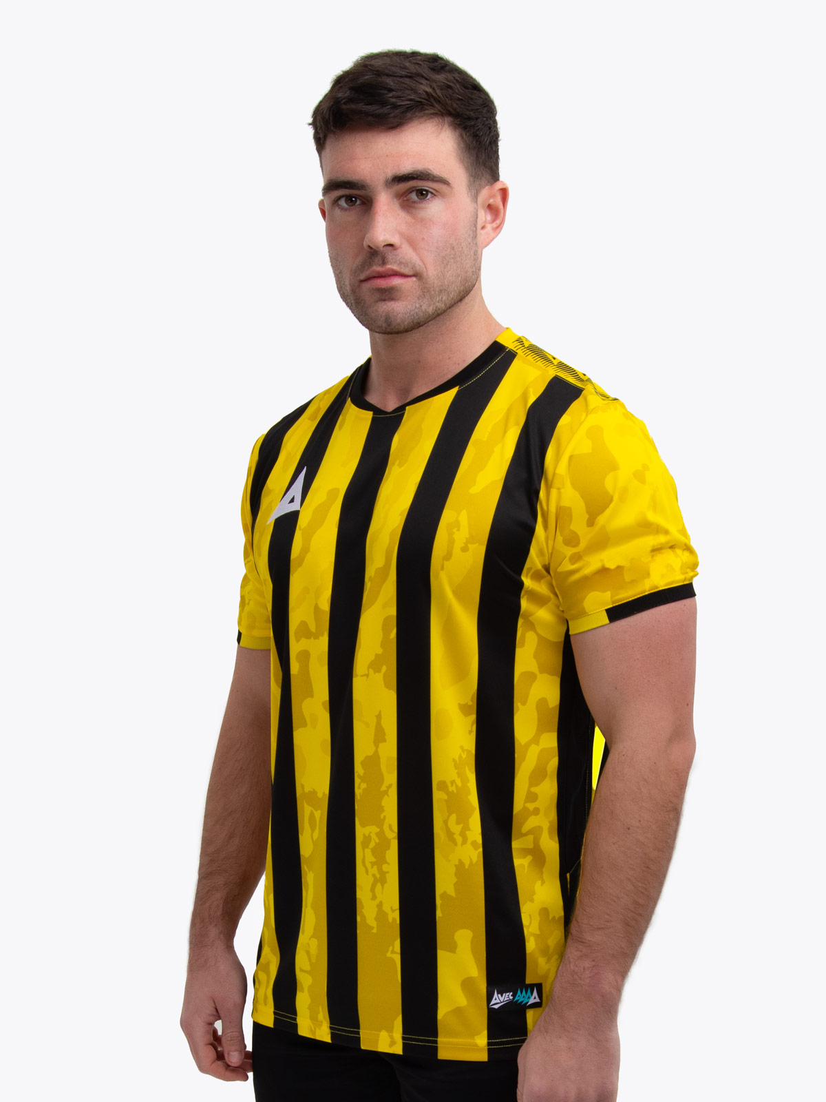 model wearing a yellow and black stripe sports football training t-shirt.