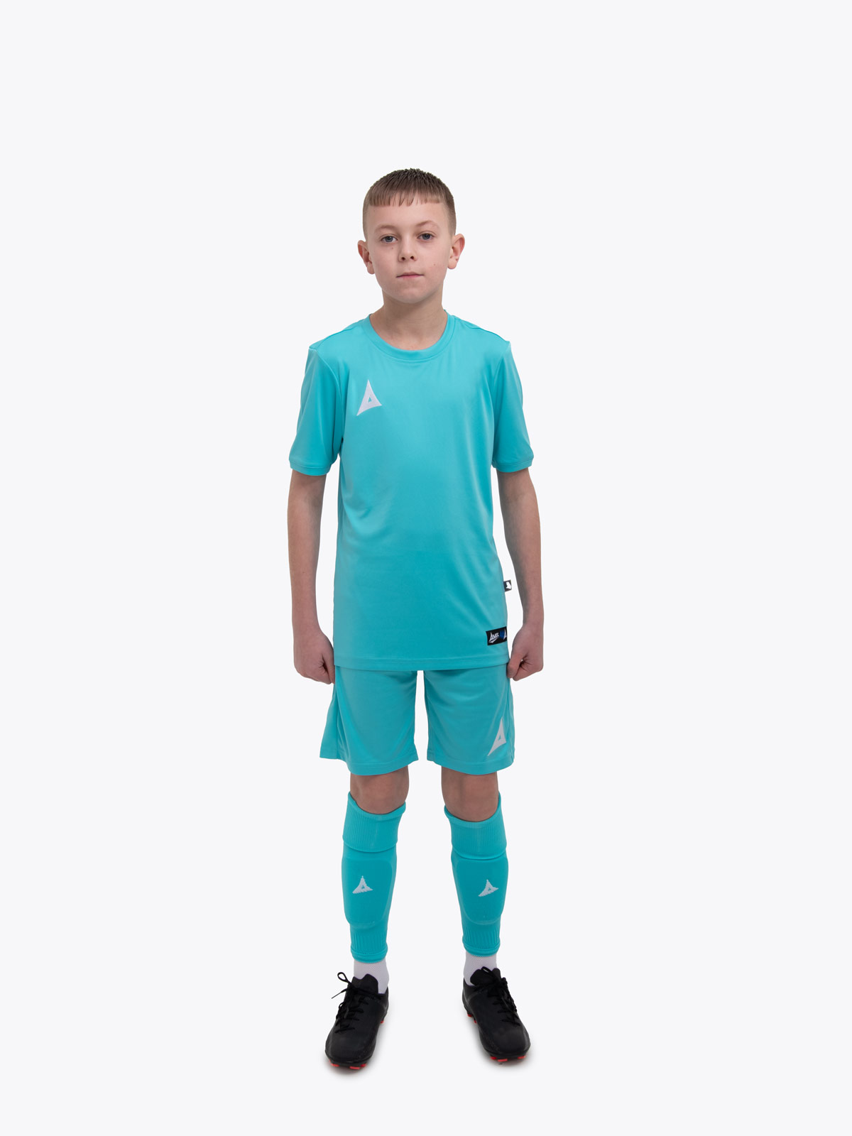 a kid is wearing a hyper blue football kit