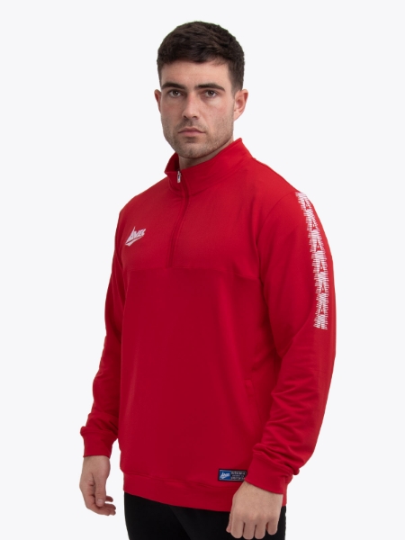 A red pull-over jacket is being worn by an adult male.
